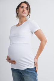 Short Sleeve Maternity Nursing Shirt with Front Panel - White