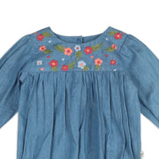 Organic Denim Baby Romper + Headband Set - Ida Floral Embroidery