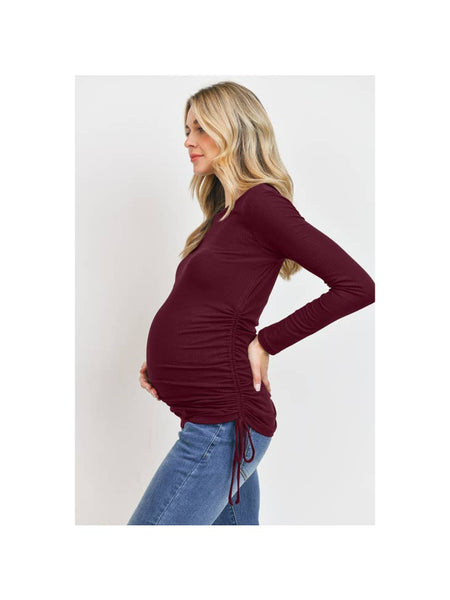 Long Sleeve Adjustable Drawstring Ribbed Maternity Top - Burgundy