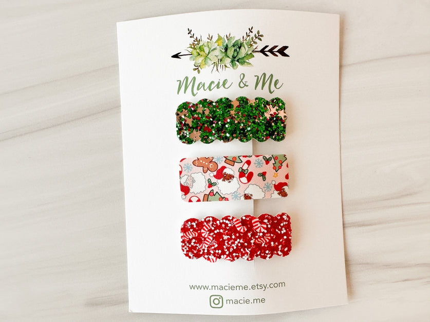 Set of 3 Snap Clips - Gingerbread Glitter