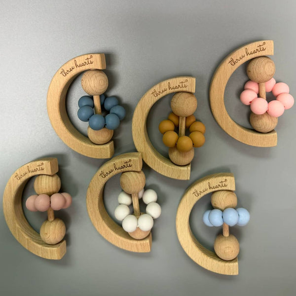 Moon Rattle - Beechwood & BPA Free Silicone - Various Colors