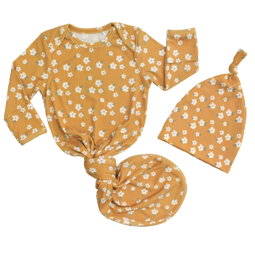Ribbed Bamboo Gown and Hat Set - Golden Blooms