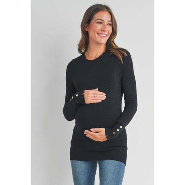 Solid Maternity Sweater Top with Sleeve Button - Black