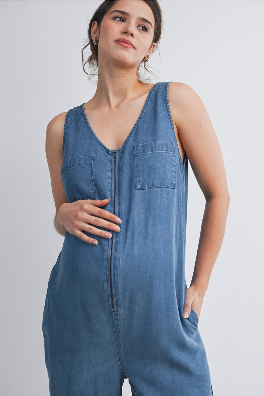 Sleeveless Maternity/Nursing Denim Jumpsuit