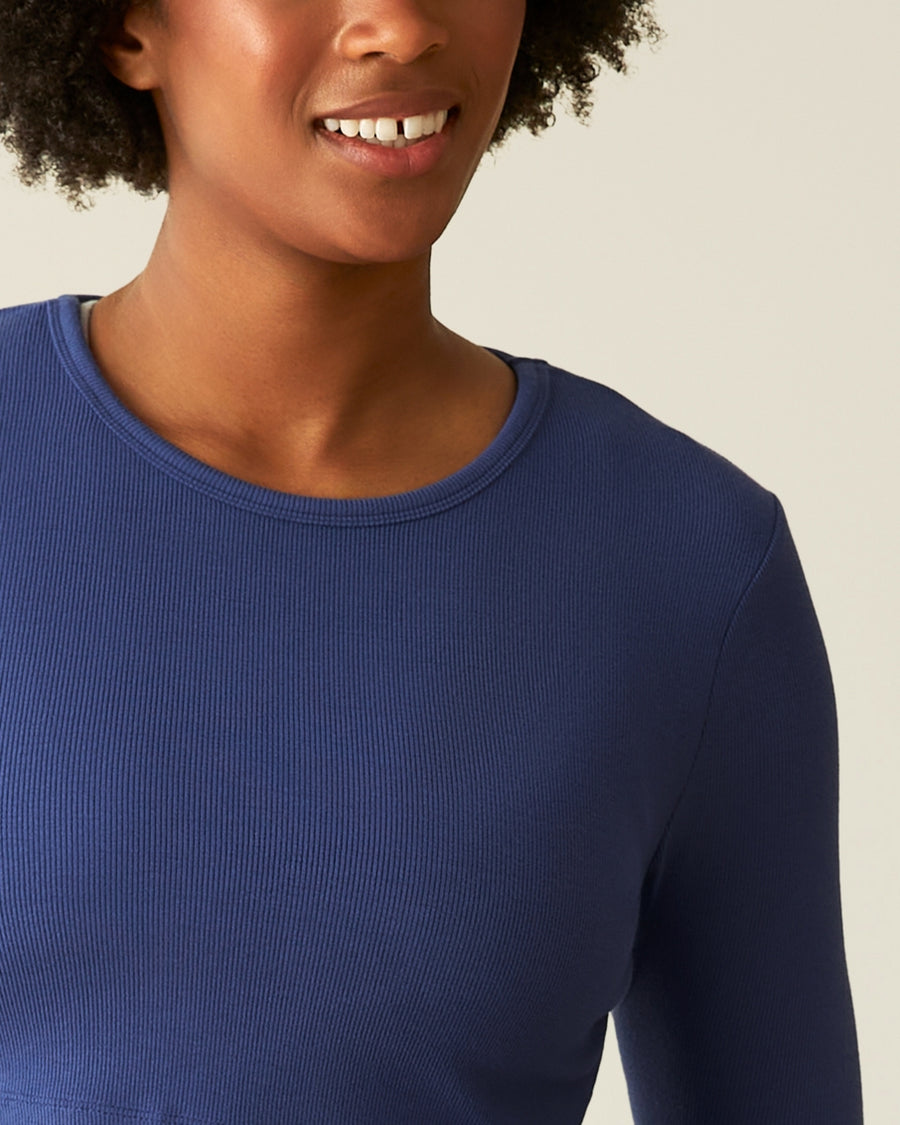 Ribbed Bamboo Long Sleeve Nursing T-Shirt - Deep Blue