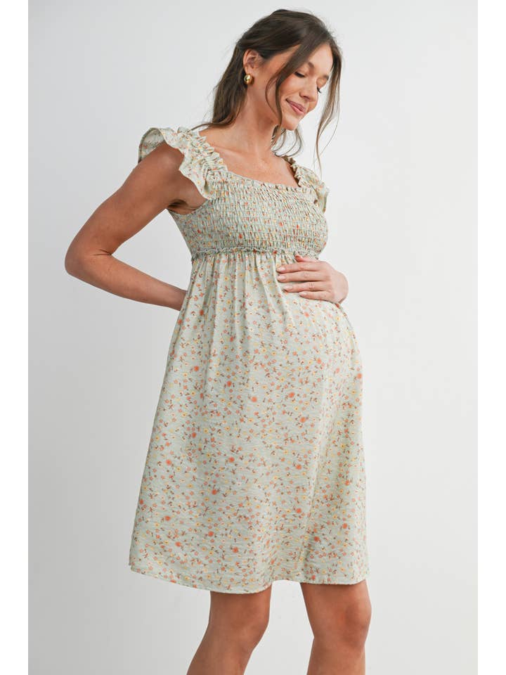 Floral Smocked Maternity Babydoll Dress - Green
