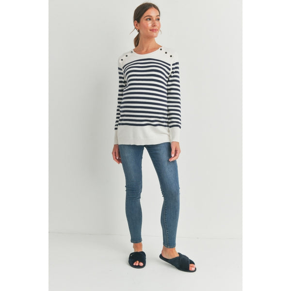 Stripe Maternity Nursing Sweater Top with Button Detail - Navy/White