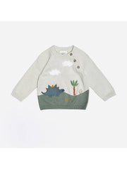Dino Applique Button Baby Pullover Sweater - Stone