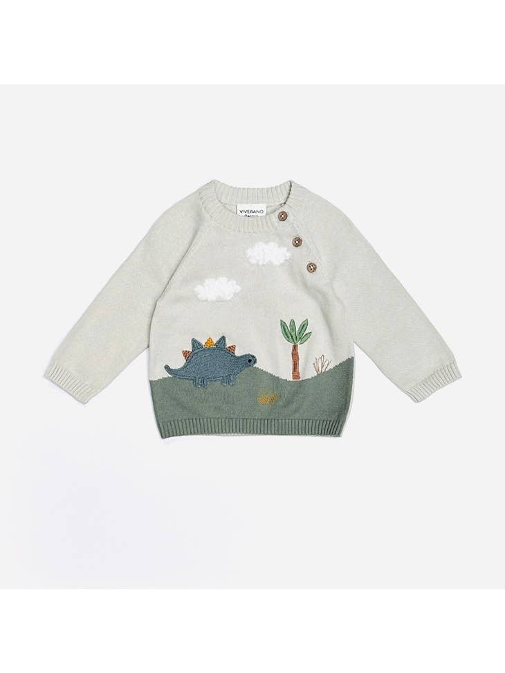 Dino Applique Button Baby Pullover Sweater - Stone