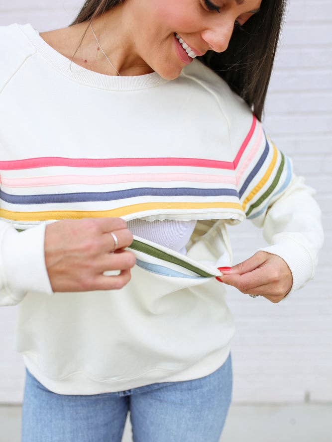 Six Stripe Invisible Zipper Breastfeeding Sweatshirt - Cream