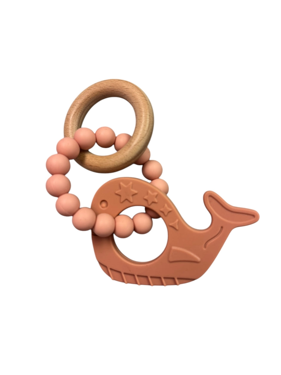 Silicone and Beechwood Whale Rattle Teether - Various Colors