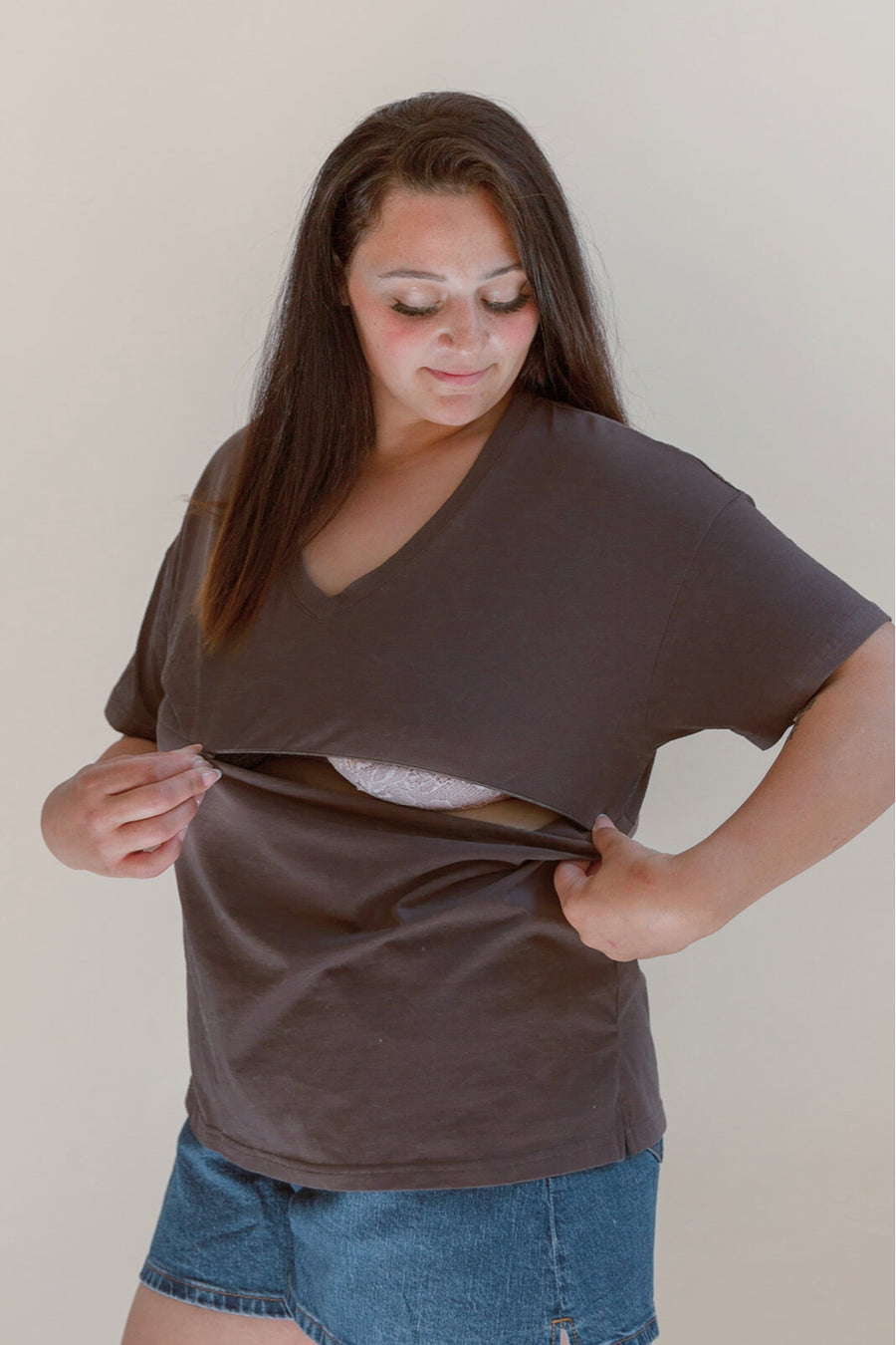 V Neck Full Zip Breastfeeding Tee - Gray