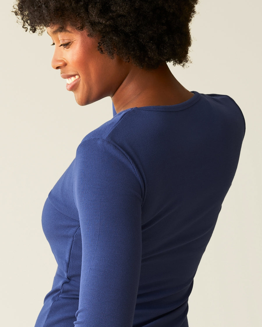 Ribbed Bamboo Long Sleeve Nursing T-Shirt - Deep Blue