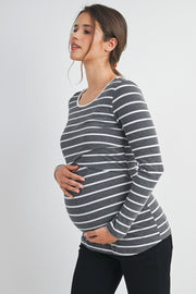 Striped Double Layer Long Sleeve Maternity Nursing Knit Top - Charcoal/White
