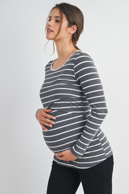 Striped Double Layer Long Sleeve Maternity Nursing Knit Top - Charcoal/White