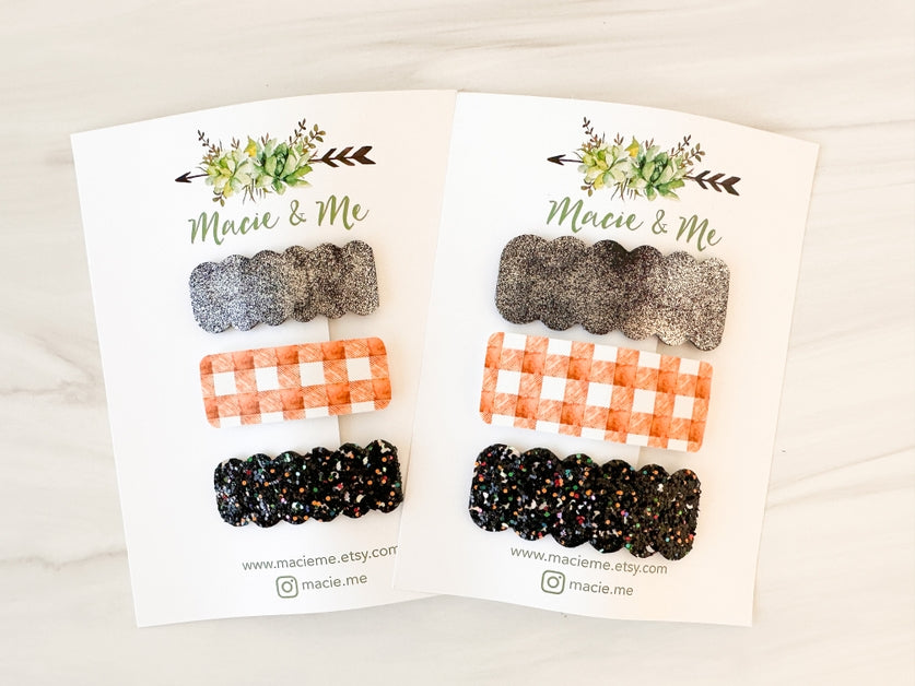 Set of 3 Snap Clips - Halloween Black Shimmer, Orange Gingham, and Glitter