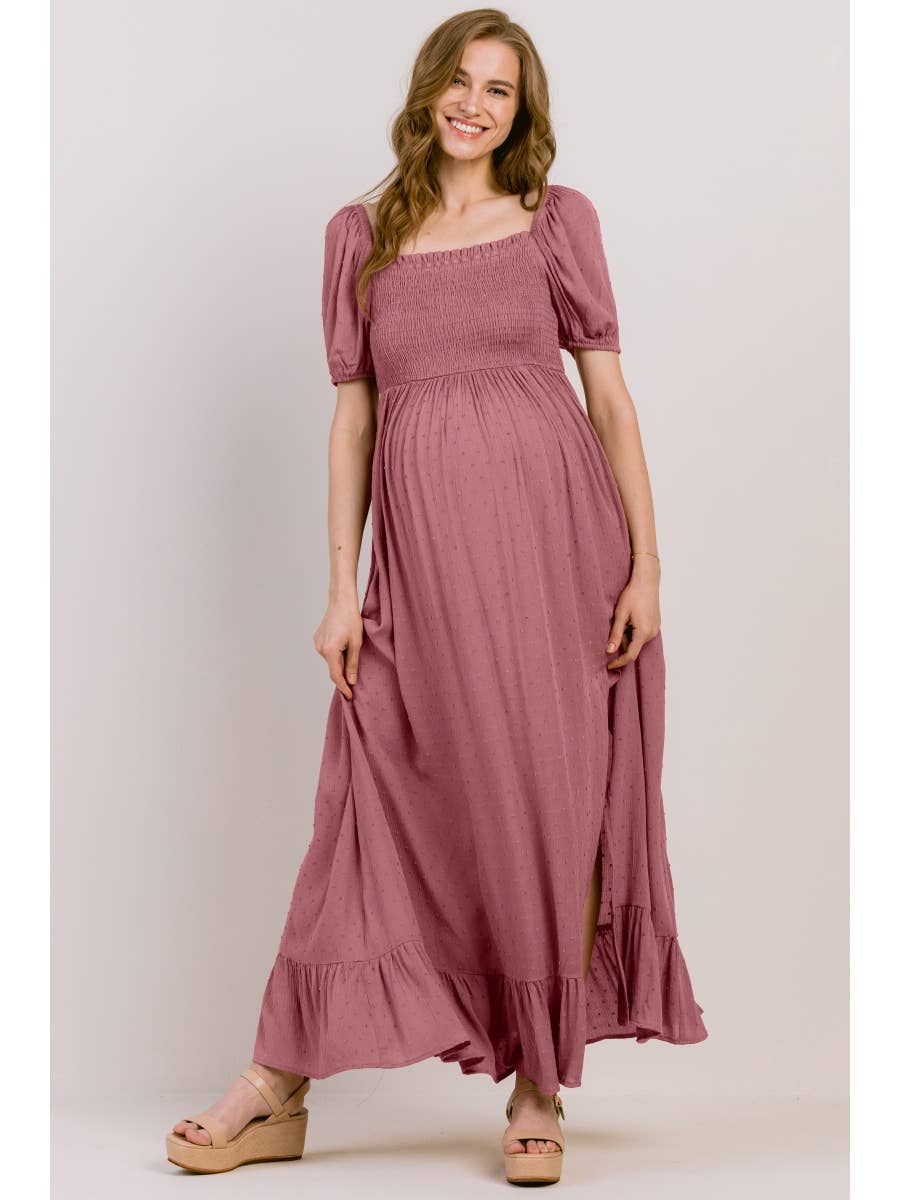 Square Neck Puff Sleeve Maternity Maxi Dress - Mauve