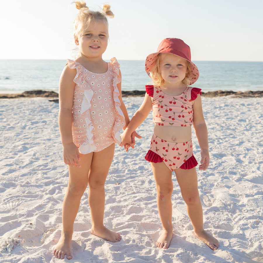 Girls Ruffle Front One Piece Swimsuit - Pink Daisy