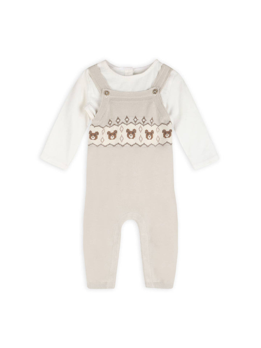 Bear Fair Isle Knit Baby Overall & Bodysuit Set - Stone
