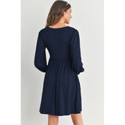 Scoop Neck Puff Sleeve Maternity Dress with Pockets - Navy