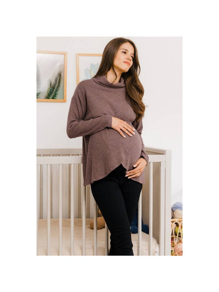 Ribbed Turtleneck Overlap Maternity Sweater - Mauve
