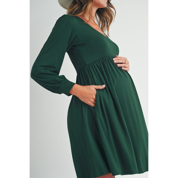 Scoop Neck Puff Sleeve Maternity Dress with Pockets - Green