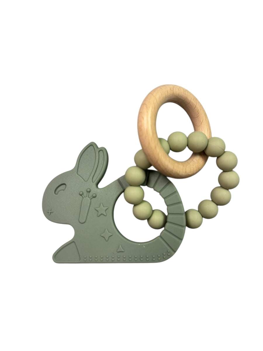 Silicone and Beechwood Bunny Rattle Teether - Various Colors
