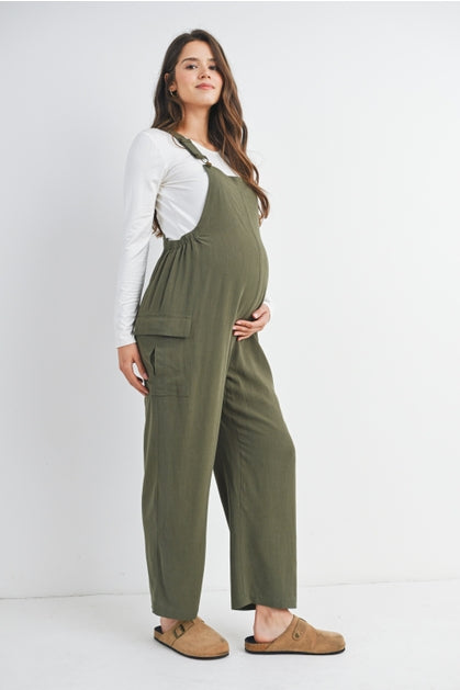 Straight Leg Maternity Adjustable Overalls - Olive