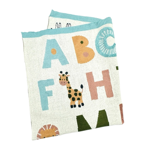 Organic Jacquard Sweater Knit Baby Blanket - Alphabet Blue