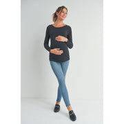 Stripe Maternity/Nursing Top with Button Detail - Black
