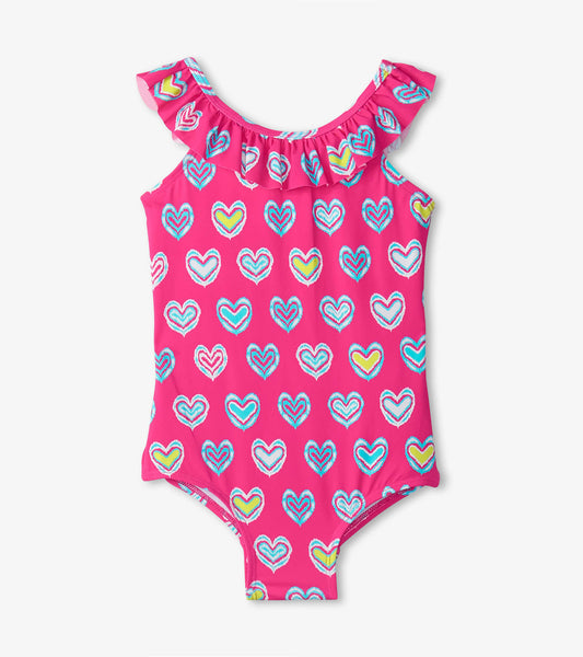 Pink Shibori Hearts Ruffle Sleeve Swimsuit