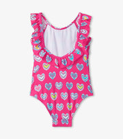 Pink Shibori Hearts Ruffle Sleeve Swimsuit