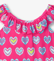 Pink Shibori Hearts Ruffle Sleeve Swimsuit