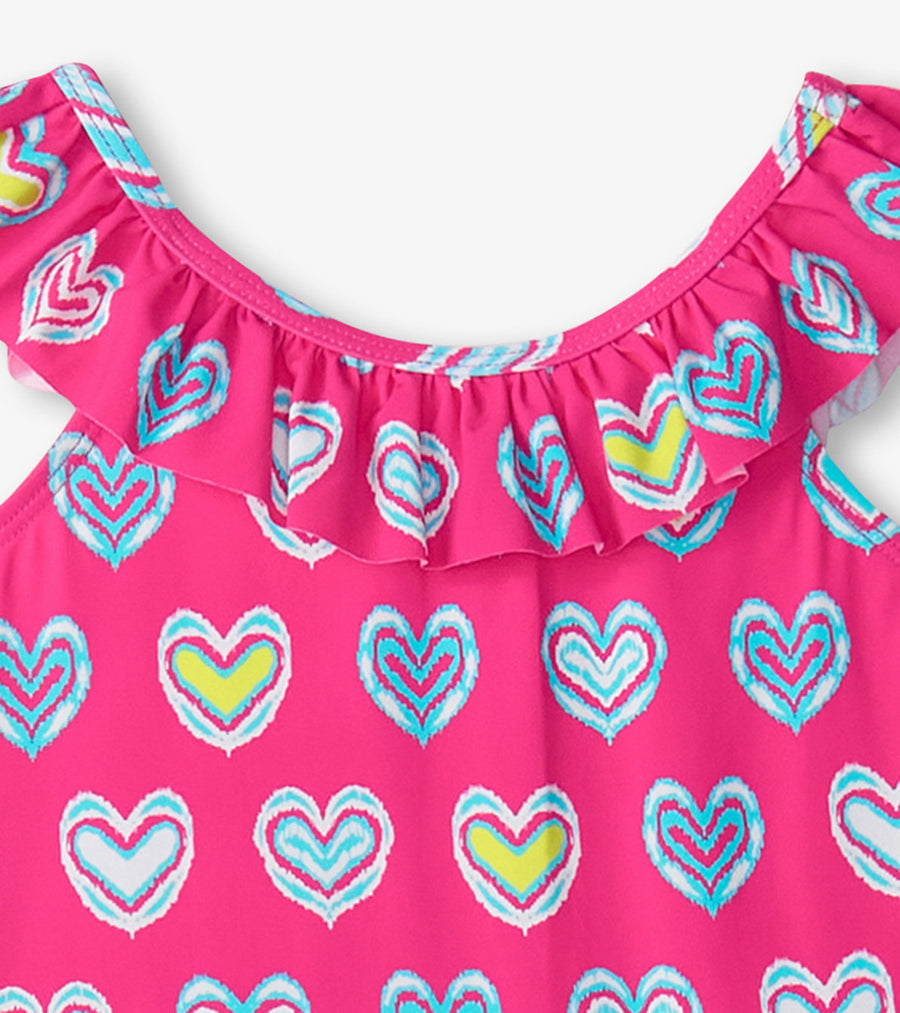 Pink Shibori Hearts Ruffle Sleeve Swimsuit