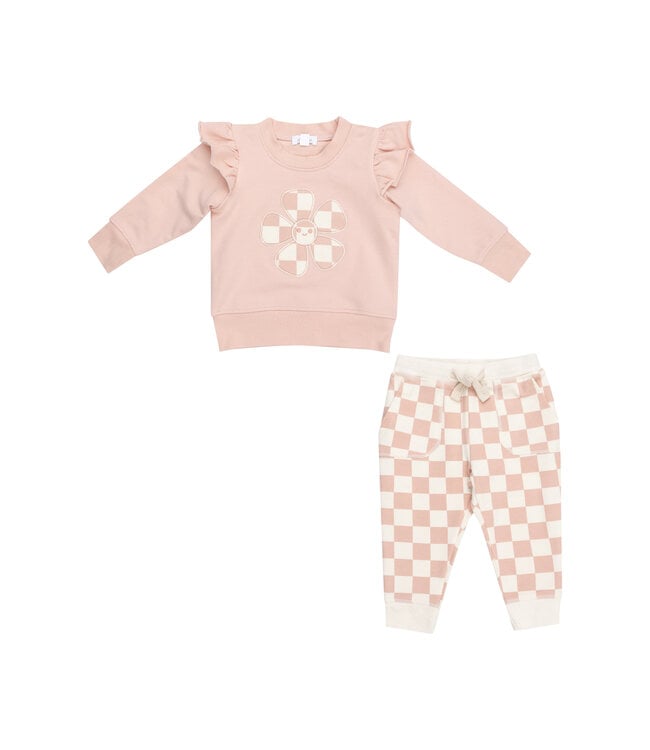 French Terry Ruffle Patch Sweatshirt and Jogger - Checkerboard Pink