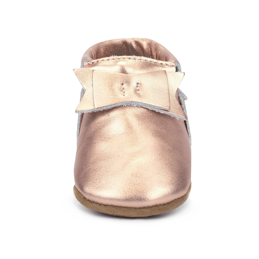 Leather Bow Moccasins - Metallic Rose Gold