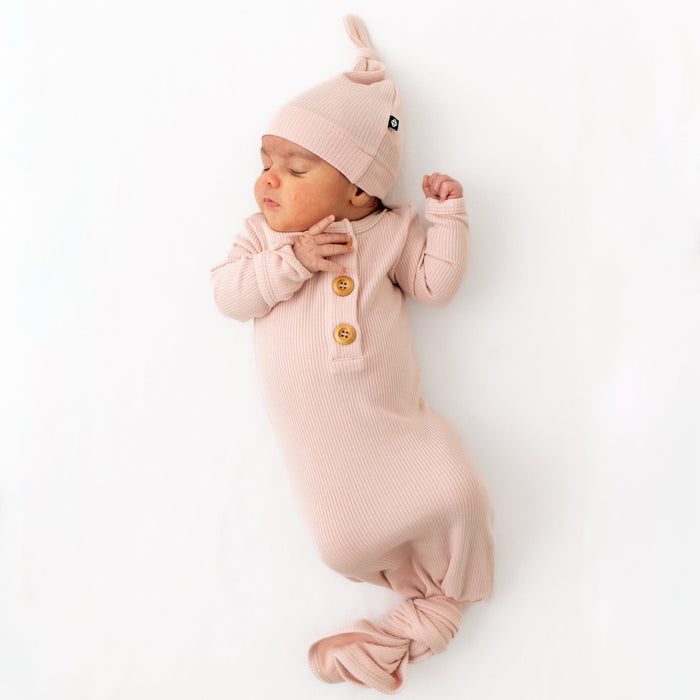 Ribbed Knotted Gown With Hat Set - Blush