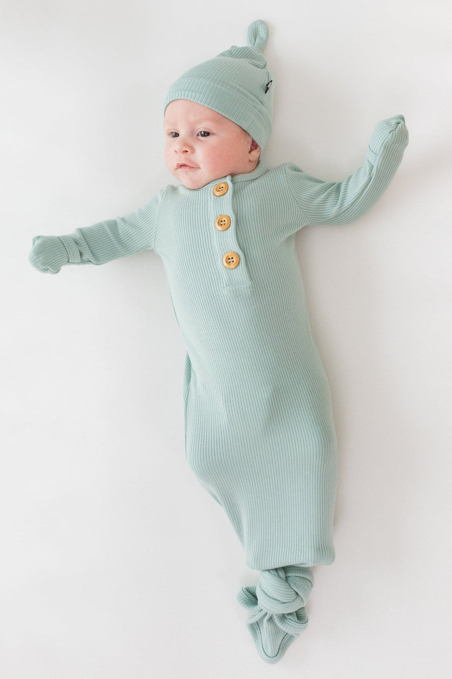 Ribbed Knotted Gown with Hat Set - Sage