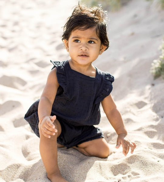 Dotted Muslin Organic Baby Girl Romper - Midnight