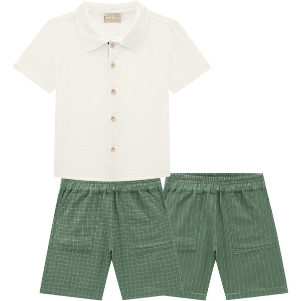 Muslin Shirt and Woven Short Set - White/Sage Window Pane