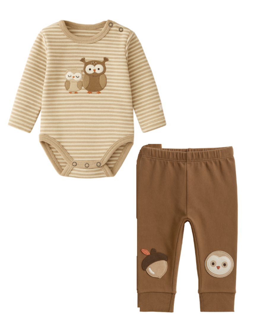 Organic Cotton Bodysuit & Legging Set - Owl Mini Stripe