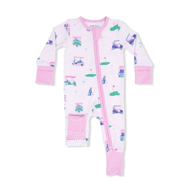 Bamboo Zipper Romper - Vintage Golf Carts - Pink