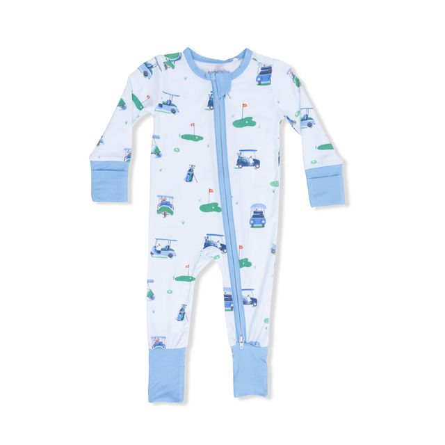 Bamboo Zipper Romper - Vintage Golf Carts - Blue