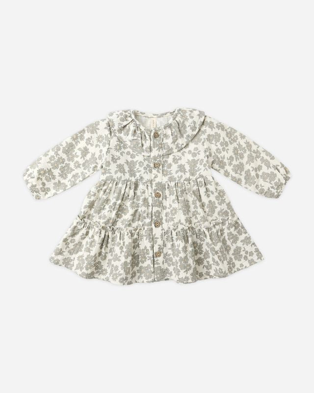 Ruffle Collar Button Dress - Green Floral