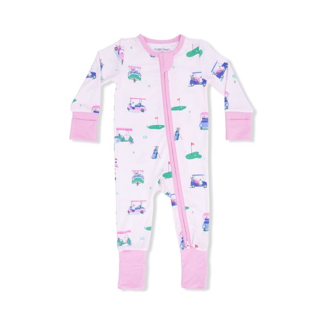 Bamboo Zipper Romper - Vintage Golf Carts - Pink