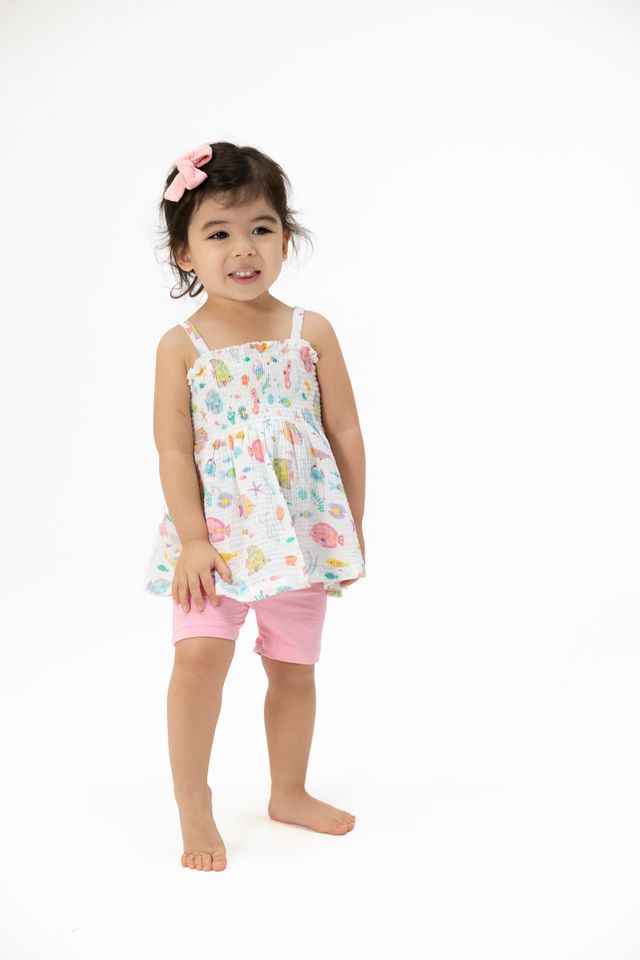 Smocked Top with Bike Short - Sunny Coral Reef Fish