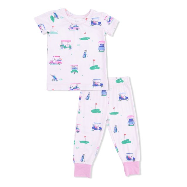 Short Sleeve Bamboo Loungewear Set - Vintage Golf Carts - Pink