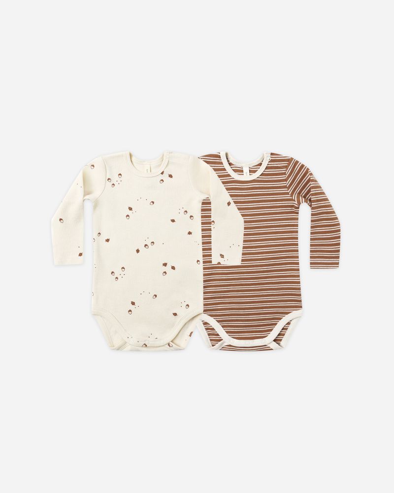 Ribbed Bodysuit (Set of 2) - Cedar Micro Stripe, Acorns