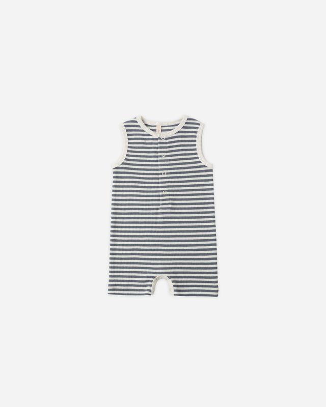 Ribbed Henley Romper - Ocean Stripe