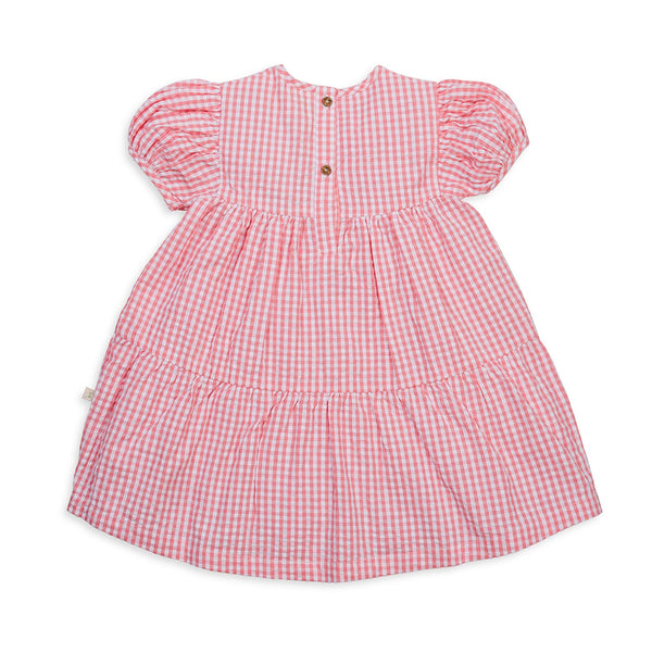Puff Sleeve Layered Dress - Pink Gingham